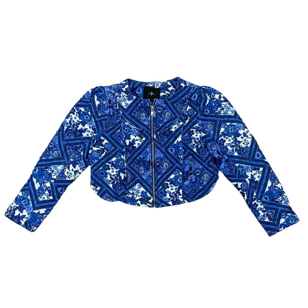 7 For All Mankind Blue and White Quilted Cropped Jacket